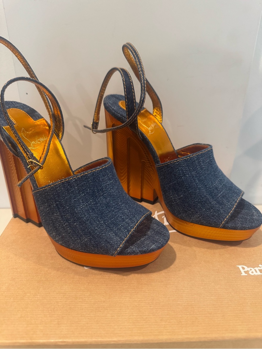 Christian Louboutin Denim Platform Slingback Sandals with Orange Accents - Picture 1 of 3